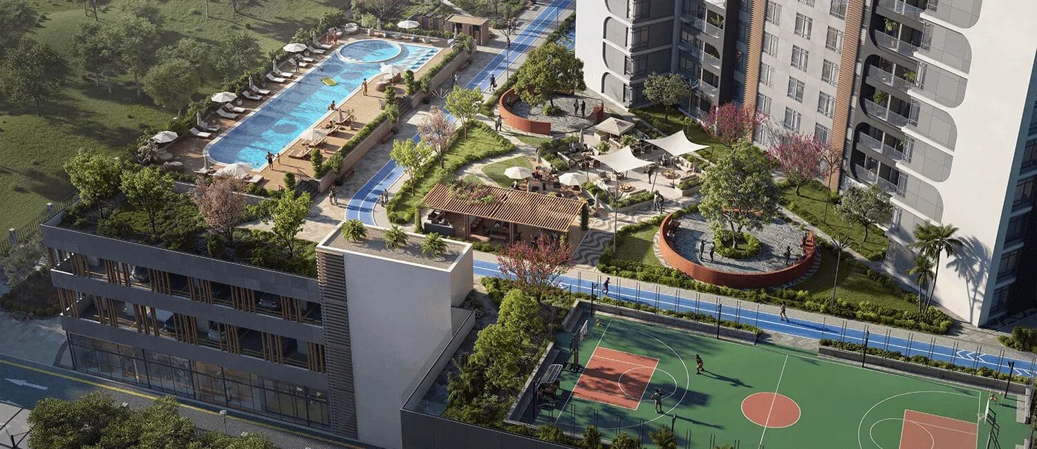 Bird’s-eye view of pool, sports court, running track, and gardens