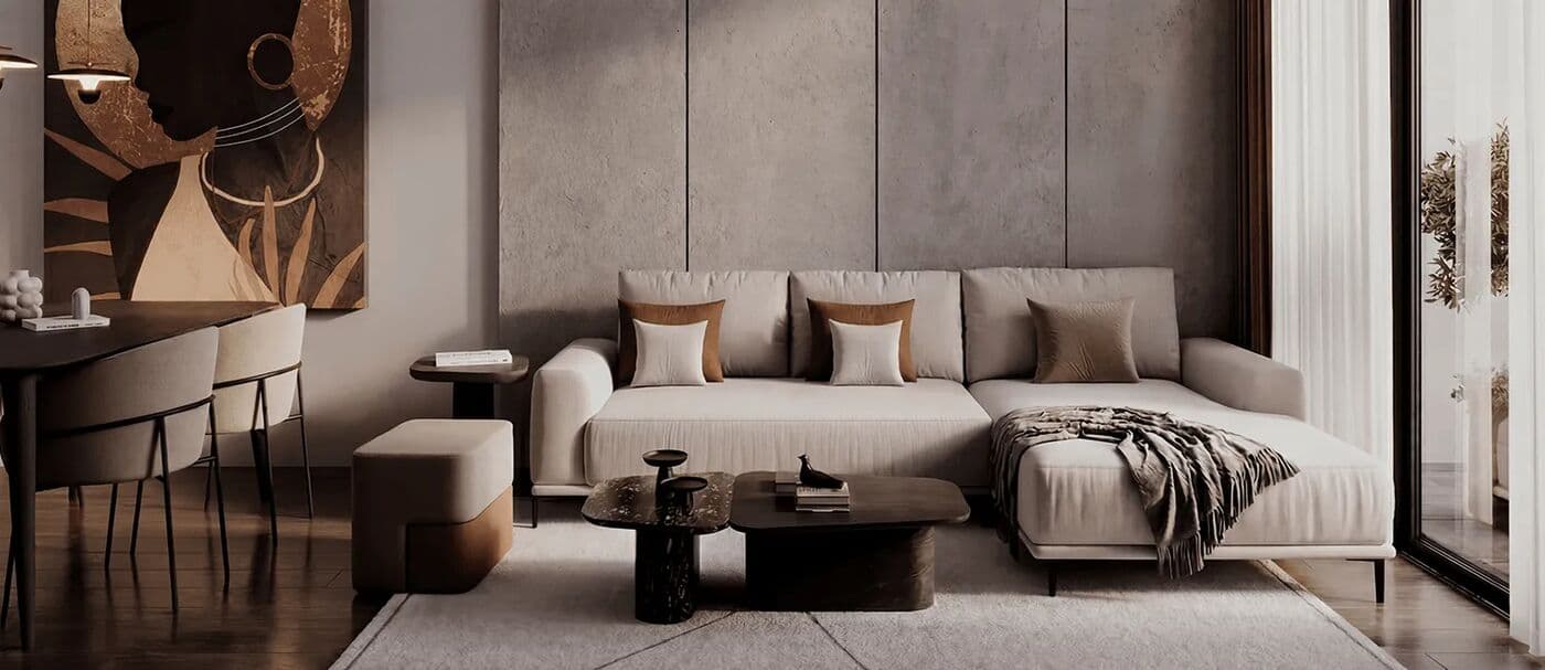 Modern living and dining room at Reportage Towers