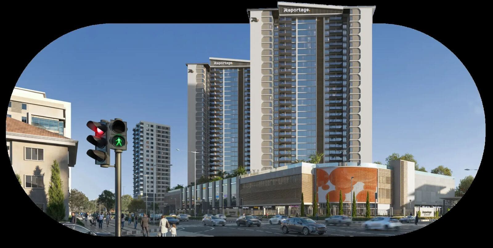 Street-level view of Reportage Towers at a busy Addis Ababa intersection